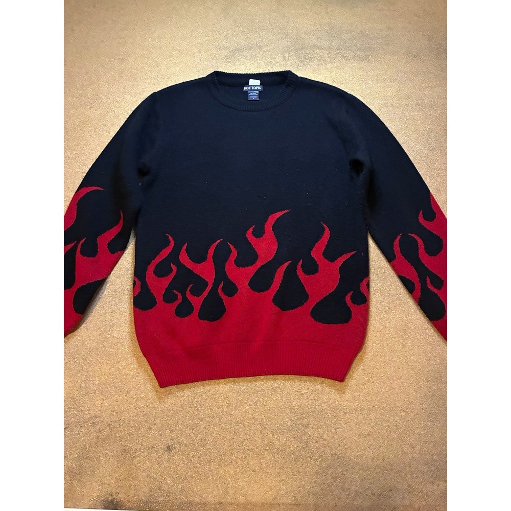 Hot Topic Men's S Black/Red Flame Graphic Crew Neck Knit Pullover Sweater